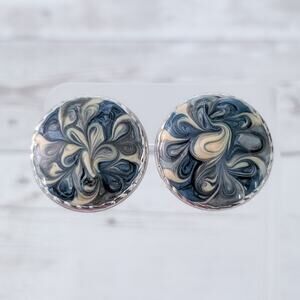 Vintage Clip On Earrings Statement Cream & Blue Swirls Large 1 & 1/8"